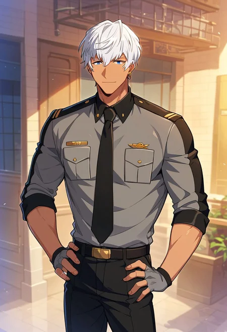 score_9_up, score_8_up, score_7_up, best quality, amazing quality, best aesthetic, 1boy, solo, muscular male, Oscarhelios, white hair, blue eyes, dark skinned male, earrings, police uniform, black tie, grey gloves, fingerless gloves, black pants, waist up, hand on hips, closed mouth, smiling, muscular male, large pectorals, outside, sunny, blue skies, waist up