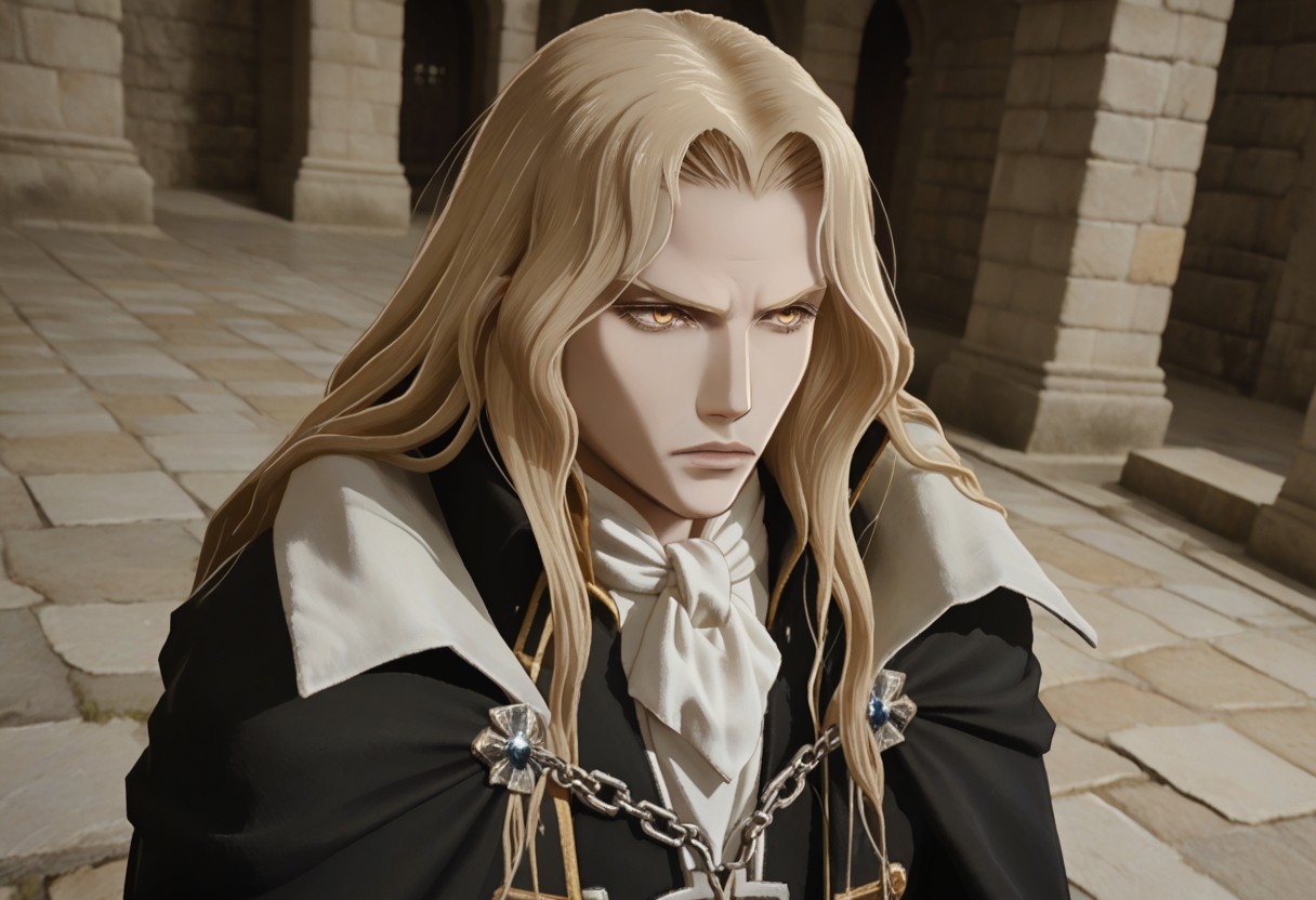 score_9, score_8_up, score_7_up, source_anime, 1boy, solo, expressionless
<lora:zs_FEWarriorsPortraitsXL:1> fewarriorsportraits, portrait, <lora:Alucard_-_Castlevania:0.8> alucard_castlevania, long hair, yellow eyes, pale skin, cape, ascot, black gloves, black pants, coat, stone walls, stone floor, basement setting, castle setting, dutch angle, dynamic angle