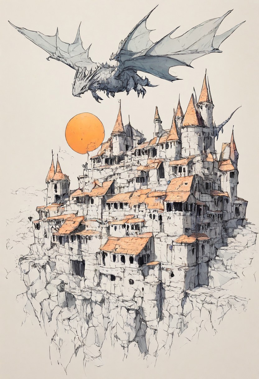 FF Style, Masterpiece (Quality), clean background, crisp, a heavily armored dragon flying over a medieval city