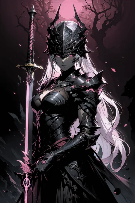 balck armor, glowing pink, white hair, long hair, sword, glowing sword,
masterpiece, best quality, upper body, portrait,