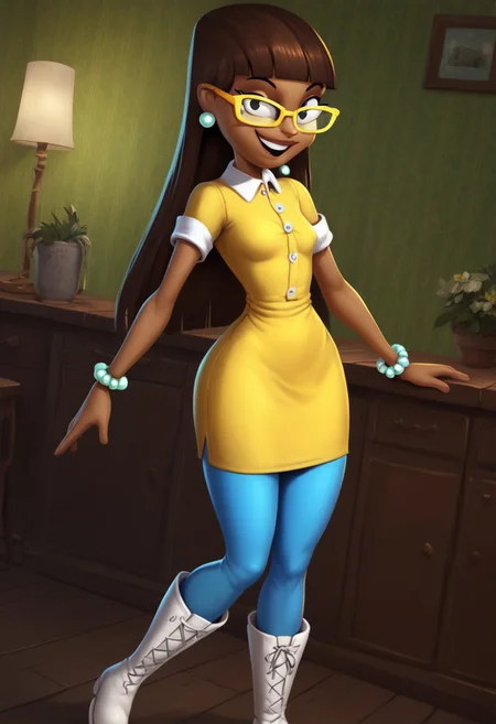 score_9, score_8_up, score_7_up, BREAK 14-biss 1girl, brown skin, long dark brown hair, blunt bangs, black eyes, yellow glasses, cyan pearl earrings, right arm metal bracelet, short-sleeved buttoned yellow dress, blue tights, long white boots, full body, solo, solo focus, alone, happy at viewer, cartoon, source_cartoon, home indoors, home background,