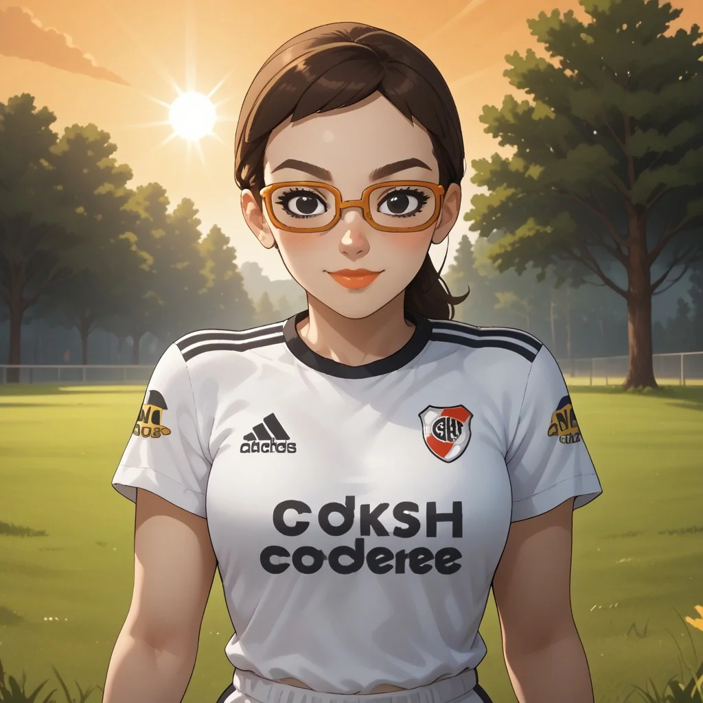 score_9, score_8, BREAK, solo, wii, mii, wii sports, 1girl, female mii, brown hair, orange glasses, black eyes, brown eyebrows, blush, lips, RiverPlate, striped shirt, striped, shirt, white shirt, short sleeves, clothes writing, sportswear, soccer uniform, white pants, cute, shoes, nintendo mii, modern_mii, classic_mii, breasts, Asami_(Wii_Sports), sexy pose, self portrait, smile, outdoors, sunlight, shadows, evening lighting, natural lighting, forest, trees, grass, orange sky, sunset
