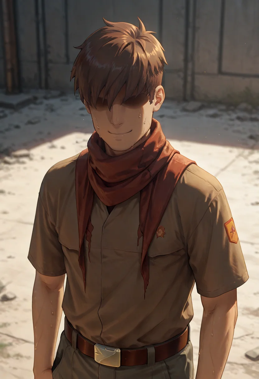 concept art masterpiece, best quality,
<lora:sembl:1> psembl, 1boy, solo, male focus, brown hair, faceless,  hair over eyes, belt, shaded face, closed mouth  <lora:dark_v1.9-pony:1>  <lora:NOOB_vp1_detailer_by_volnovik_v1:1> 
 <lora:jambo:0.4> jambo, 1boy, scarf on face, from above, v-sign, smug, winking, downblouse, detailed background, incredibly absurdres, highres, masterpiece, newest <lora:Zheng v2 - NoobAI 1.0 V-Pred:0.5> sweat . digital artwork, illustrative, painterly, matte painting, highly detailed
