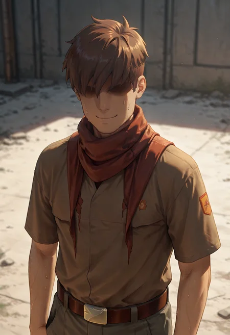 concept art masterpiece, best quality,
<lora:sembl:1> psembl, 1boy, solo, male focus, brown hair, faceless,  hair over eyes, belt, shaded face, closed mouth  <lora:dark_v1.9-pony:1>  <lora:NOOB_vp1_detailer_by_volnovik_v1:1> 
 <lora:jambo:0.4> jambo, 1boy, scarf on face, from above, v-sign, smug, winking, downblouse, detailed background, incredibly absurdres, highres, masterpiece, newest <lora:Zheng v2 - NoobAI 1.0 V-Pred:0.5> sweat . digital artwork, illustrative, painterly, matte painting, highly detailed