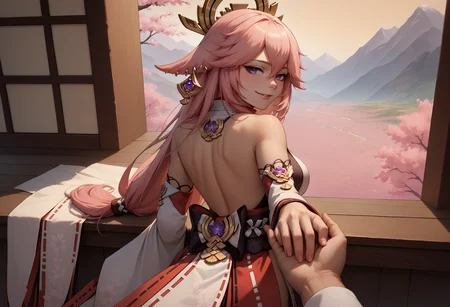 score_9, score_8_up, score_7_up, 1girl, holding hands, solo focus, pov hands, out of frame, <lora:HoldingHandsPOV_XLPD:1>, yae miko, cowboy shot, seductive smile, from behind, looking back,