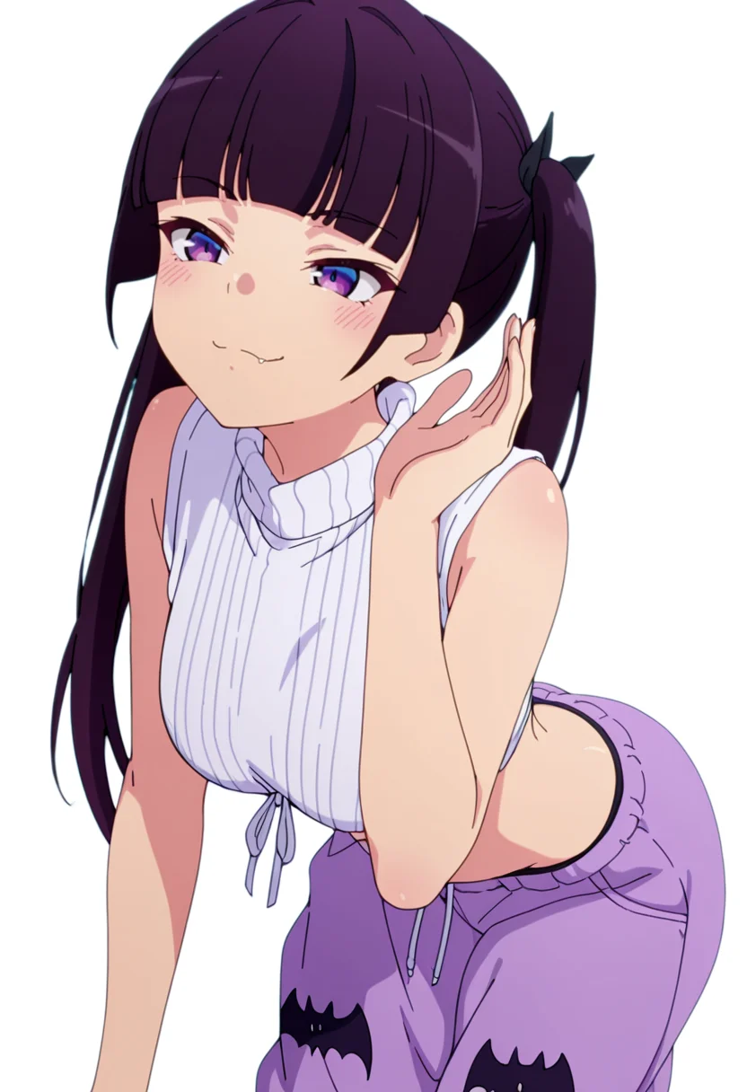 masterpiece,high quality details, absurdres,
 <lora:Mamimi:0.8>
mamimi_cnr,  1girl, black hair, long hair, twintails,blunt bangs, purple eyes,, simple background, white background, dutch angle,solo,, stifled laugh,naughty face,, looking forward,serious face,one arm raised,, turtle neck ,front-tie top,loose pants, ,bat legwear,