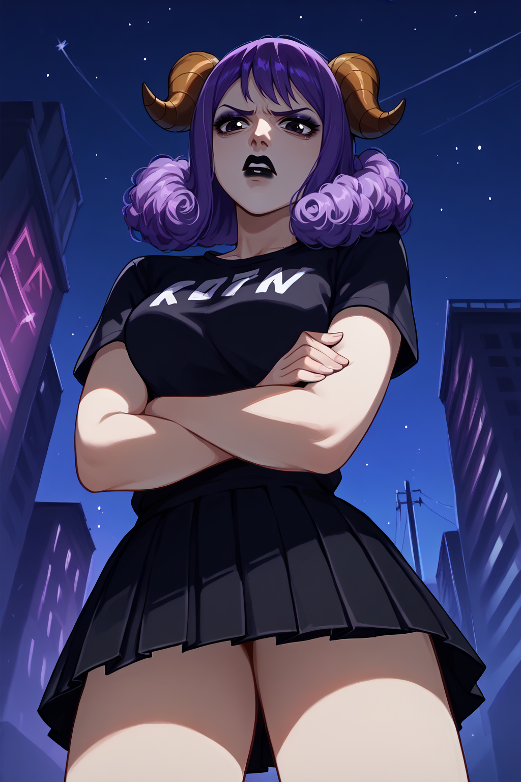 score_9, score_8_up, score_7_up, score_6_up, BREAK 1girl, solo, <lora:NSAriesFairyTail:1> NSAriesFaiTai, sheep horns, purple hair, medium hair, hair curls, black t-shirt, black skirt, pleated skirt, parted lips, black lipstick, purple eyeshadow, from below, city, night, dark, disgusted, crossed arms