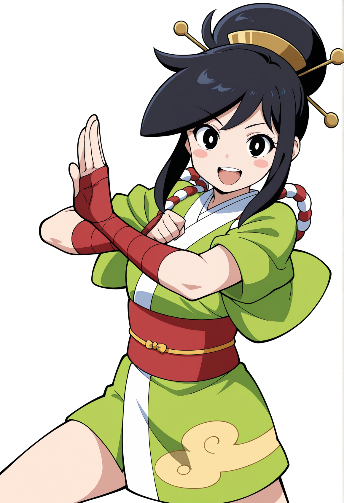 anime screencap, anime coloring, 1girl,  black hair, black eyes, sidelocks, single hair bun, hair ornaments, japanese clothes, green kimono, arm wrap, blush stickers, smile, upper teeth only, fighting stance, white background, simple background, looking at viewer, cowboy shot  <lora:Ayame_power_stone:1>, masterpiece, best quality, amazing quality, very aesthetic, absurdres, highres, newest