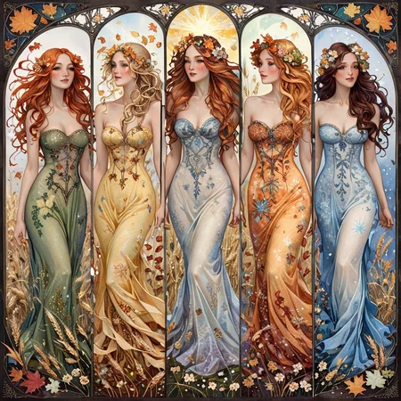 masterpiece, best quality, <lora:add-detail-xl:1> <lora:ArsMJStyleSDXL_-_Art_Nouveau:1> ArsMJStyle, Art Nouveau An Art Nouveau interpretation of the four seasons, personified as women whose flowing dresses and hair merge with seasonal motifs - spring flowers, summer wheat, autumn leaves, and winter snowflakes.