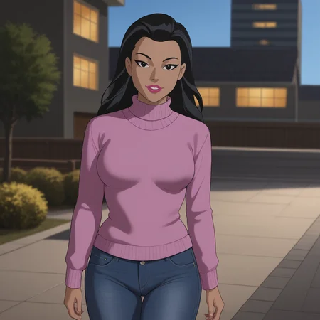 <lora:huntressdcau_pony_v1:.7> HuntressDcau, 1girl, dark-skinned female, lipstick, dark skin, black hair, makeup,  long hair, , lips, perfect eyes, cowboy shot, sweater, jeans