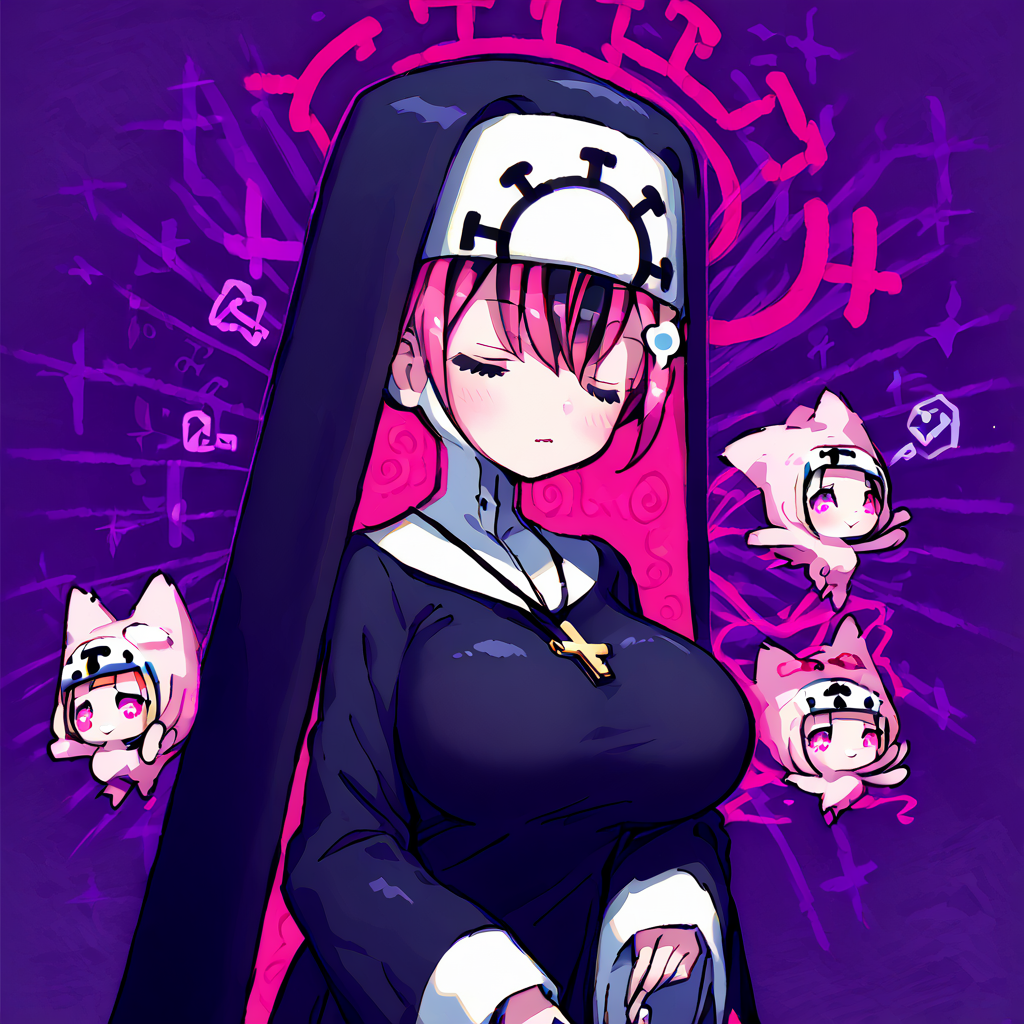 <lora:Berta_Delica:1> black hair, pink hair, multicolored hair, symbol-shaped pupils
 <lora:Double:0.8> doublexl, nun, cross, jewelry, large breasts, closed eyes