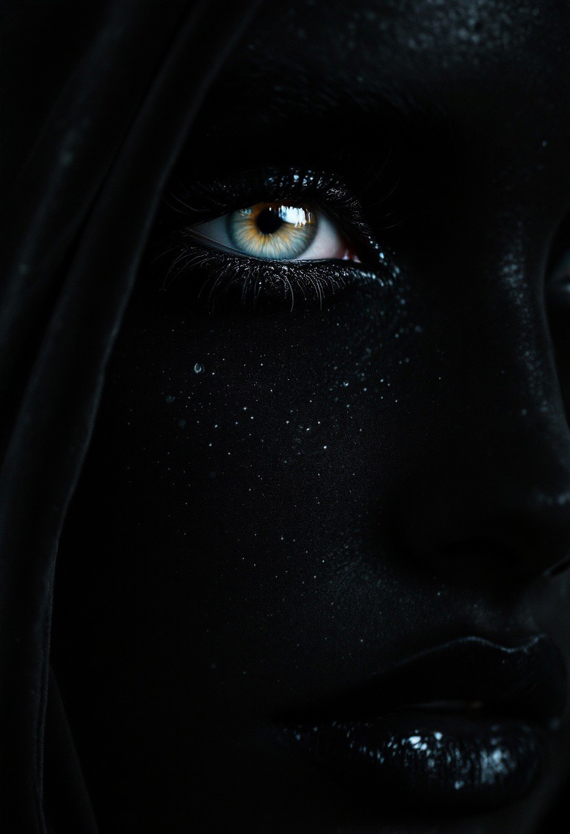 vantablack velvet Caucasian woman face made of velvet macro