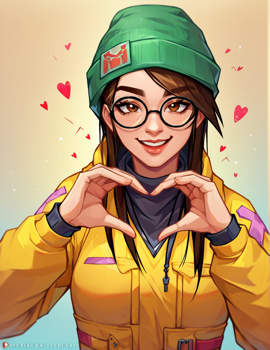 score_9,   score_8_up, score_7_up, 
 KJValER, score_9, 1girl, green beanie,  yellow jacket, circle glasses, looking at viewer,  happy,  brown eyes, standing,  heart-shaped hands 
 <lora:Killjoy_Valorant-000007:0.8>