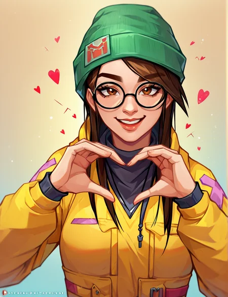 score_9, score_8_up, score_7_up,
KJValER, score_9, 1girl, green beanie, yellow jacket, circle glasses, looking at viewer, happy, brown eyes, standing, heart-shaped hands
<lora:Killjoy_Valorant-000007:0.8>