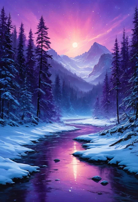 Artwork, anime, cyberpunk, Vibrant Sharp style. A breathtaking expanse of a winter river winds through a dense forest, its surface shimmering as it reflects the ethereal hues of a twilight sky. The heavens burn with deep magentas, purples, and cosmic blues, while streaks of stardust and shooting stars illuminate the sky in a celestial dance. Wisps of clouds, painted in soft brushstrokes of lavender and crimson, float like ethereal ribbons across the expanse. Towering pine trees, their branches laden with pristine snow, frame the scene, casting elongated shadows that stretch across the frozen ground. The river itself is a mesmerizing spectacle, its crystalline waters mirroring the celestial canvas above, rippling softly as it flows over partially submerged stones dusted with snow. Tiny flecks of luminescent frost swirl in the air, catching the starlight, creating a surreal and magical ambiance. This scene combines the majesty of nature with the vastness of the cosmos, reminiscent of a fantasy landscape where reality and dreams blend seamlessly into an otherworldly beauty.