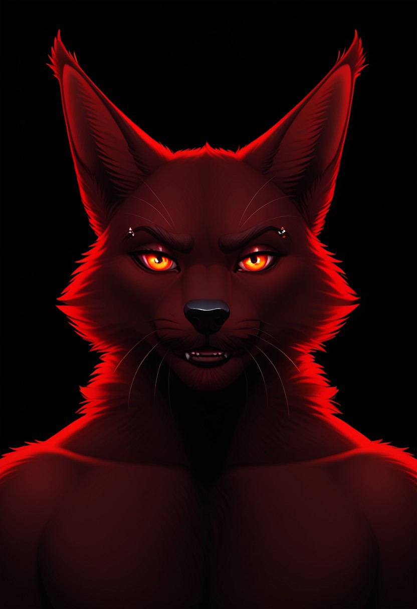 black backdrop, A mesmerizingly detailed kitsune, his fiery fur seems to flicker and dance with the light within. This hyper-realistic portrait captures every intricate detail: from the golden glow and crimson fur to the piercing emerald eyes that shine with intelligence. The image is a digital painting, Expertly rendered with depth and texture that make the kitsune almost feel tangible. Every mustache and tuft of fur is meticulously rendered, giving the viewer a sense of the creature's otherworldly aura. This image is a testament to the artist's skill and dedication in bringing mythical creatures to life