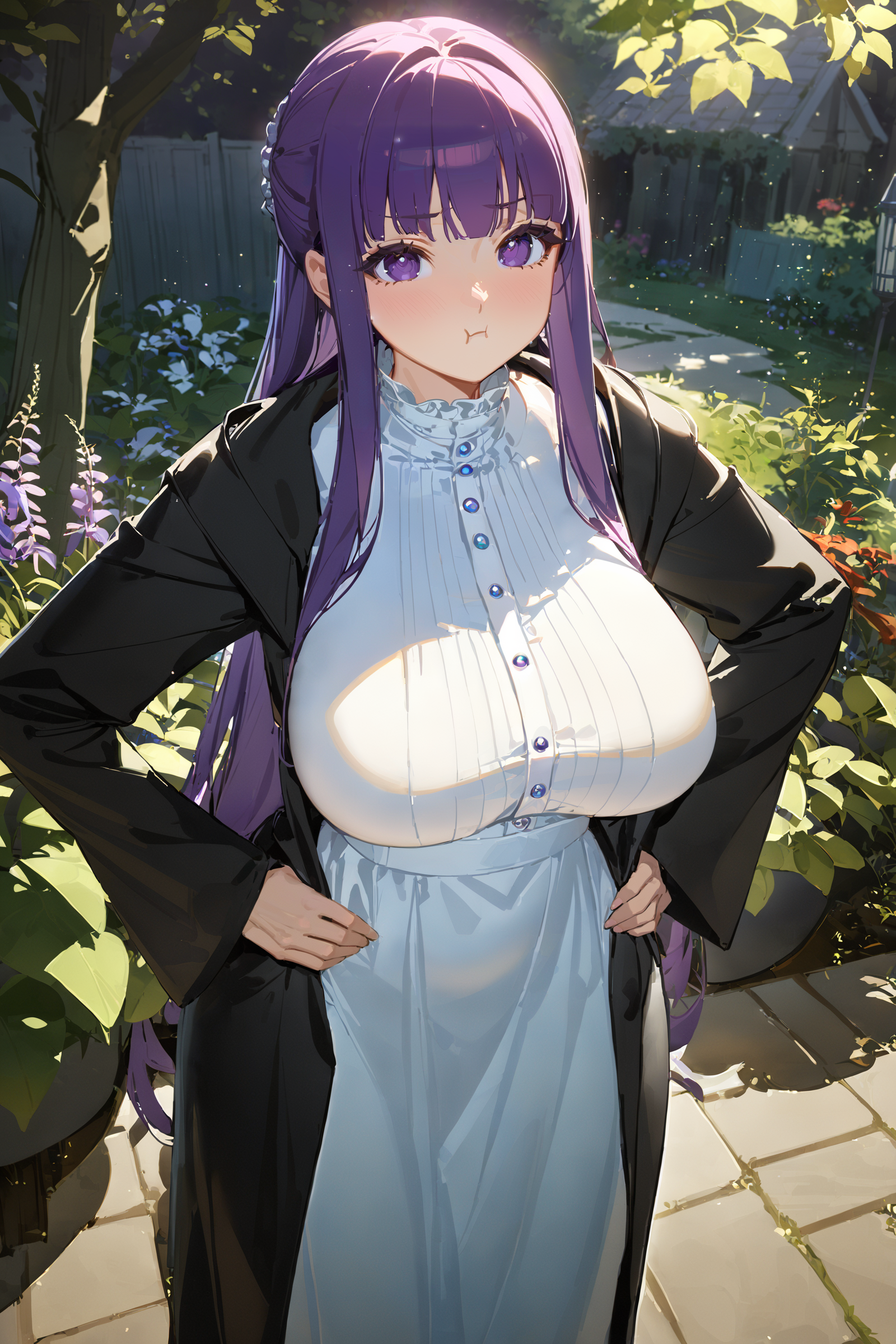 masterpiece, best quality, very aesthetic, ray tracing, newest,(hitenkei, askzy:0.5), 1girl, fern \(sousou no frieren\), solo, black coat, long white dress, black boots, full body, standing, looking at viewer, pout, :t, hands on hips, garden, outdoors, depth of field,  milf, large breasts, mature female <lora:quality1:0:hr=1>,  <lora:Char-Fern-XL-V1:0.9>
