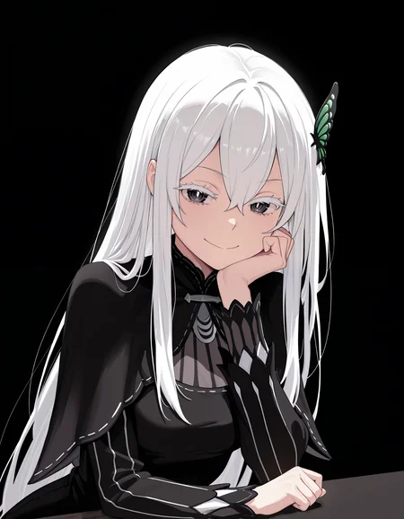 <lora:Echidna_1:1>ech1dna, colored eyelashes, hair between eyes, white hair,
echidn4dress, black dress, vertical-striped dress, capelet, long sleeves, butterfly hair ornament,
sitting, upper body, hand on own chin, smile,
simple background, black background,, masterpiece, best quality, amazing quality
simple background, black background
