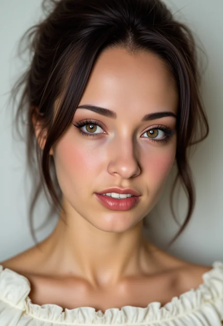 Hyperrealism, she is looking at the camera, (dynamic angles), headshots of a beautiful, stunning unique female character. she has dark hair. She has large brown eyes filled with joy and excitement, extravagant eyelashes, She is wearing a white off-the-shoulder blouse with ruffled sleeves. making this image a masterpiece of photography and digital art. Style: realistic hyper-detailed rendering, 32k UHD, expressive eyes, punk, graphic design, girl's face, pretty and cute, gleaming lips, white skin, telling a tale of adventure. Exuding confidence and serenity. The background is a simple white wall. The overall mood of the image is happy and relaxed.RAW candid cinema,16mm,color graded portra 400 film,remarkable color,ultra realistic,textured skin,remarkable detailed pupils,realistic dull skin noise,visible skin detail,skin fuzz,dry skin,shot with cinematic camera,detailed skin texture,(blush:0.2),(goosebumps:0.3),subsurface scattering,beautiful photograph in the style of Augustus John,Sergio Toppi,Virginia Frances Sterrett,8k HD,detailed skin texture,ultra realistic,textured skin,analog raw photo,cinematic grain,whimsical