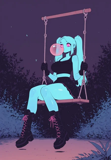 score_9, score_8_up, score_7_up, masterpiece, best quality, very aesthetic, 1woman, incoth, (incase:0.6), detailed face, (dynamic:1.1), (mature, curvy:0.7), (swing:1.1), garden, sitting on swing, swinging, bubble gum, huge bubble, pink eyes, white pupils, twin tails,  long hair, crop top, gloves, thick boots, skirt, nighttime, ghost girl, ghost, blue translucent skin, 