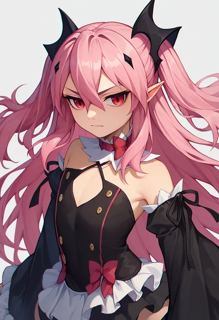 score_9, score_8_up, score_7_up, 1girl, solo, Krul, two side up, pink hair, red eyes, pointy ears, hair ornament, detached sleeves, bowtie,  detached collar, black dress, black skirt,    <lora:Krul_1-000007:1>