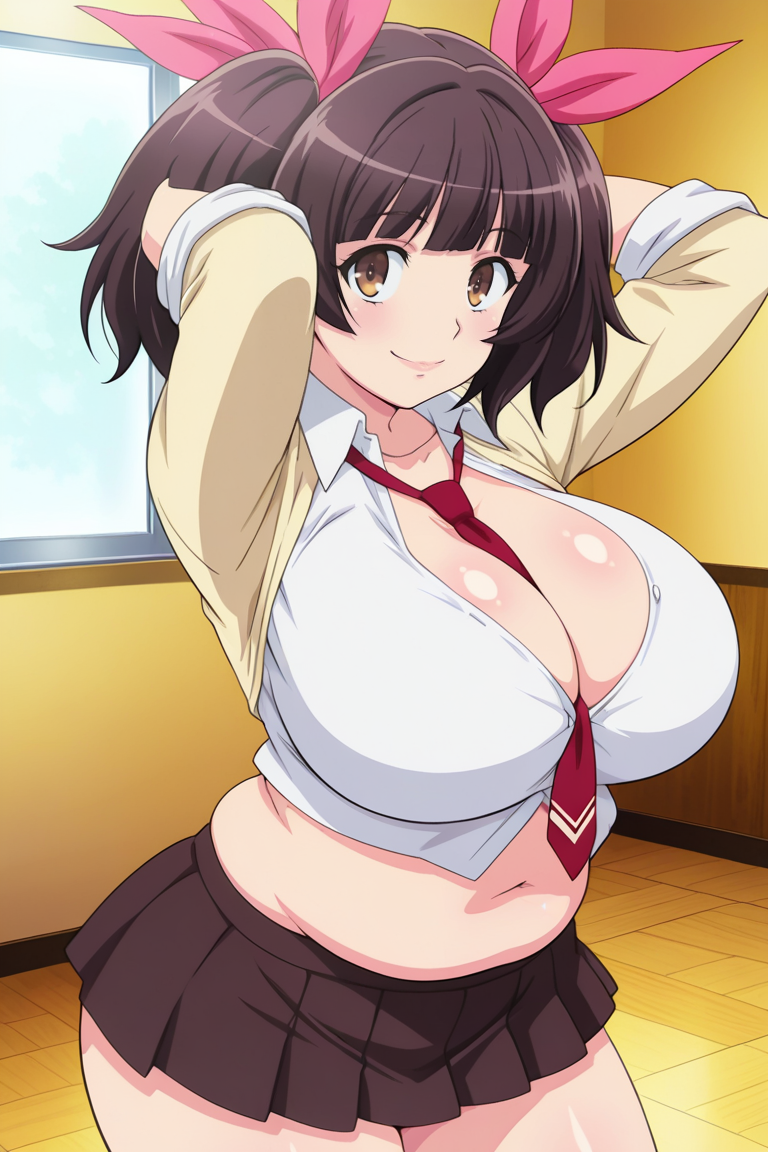 masterpiece , source_anime  , 1girl, breasts, solo, necktie, school uniform, brown eyes, huge breasts, cleavage, , short hair, black hair, brown hair, twintails, smile, looking at viewer , navel, short skirt, sling shot, white shirt, folded_sleeves,( hands behind head:1.2) , plump, hair ribbon , horny expression