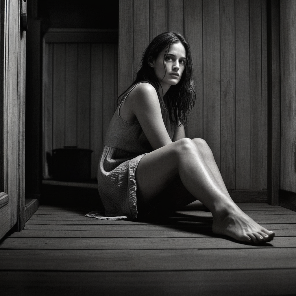 Dark Fantasy Art of <lora:Kodak Motion Picture Film:1.2>  (Sharp Detailed Image Grain)
An Oscar winning movie for Best Cinematography a woman sitting on the floor with perfect feet in a dark room in a creepy house at night Kodak Motion Picture Film Style, dark, moody, dark fantasy style