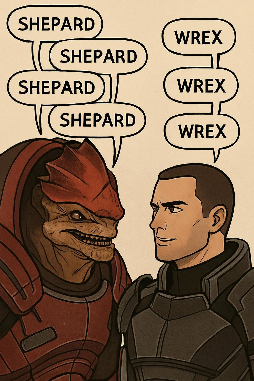 Wrex and Shepherd from mass effect saying eachothers names multiple times