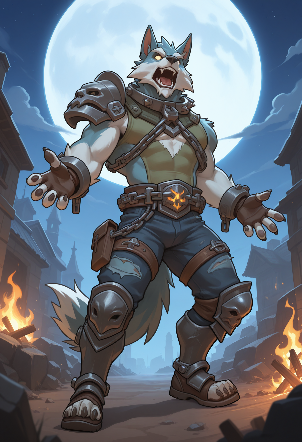 masterpiece,best quality,amazing quality, 1boy, solo, v1kt0r, furry, steel collar, steel chest harness, chain belt, brown fingerless gloves, metal wrist cuffs, kneecaps, steel leg armor, torn pants, single pauldron, torn green shirt, damaged footwear, full body, open mouth, no pupils, outside, full moon,