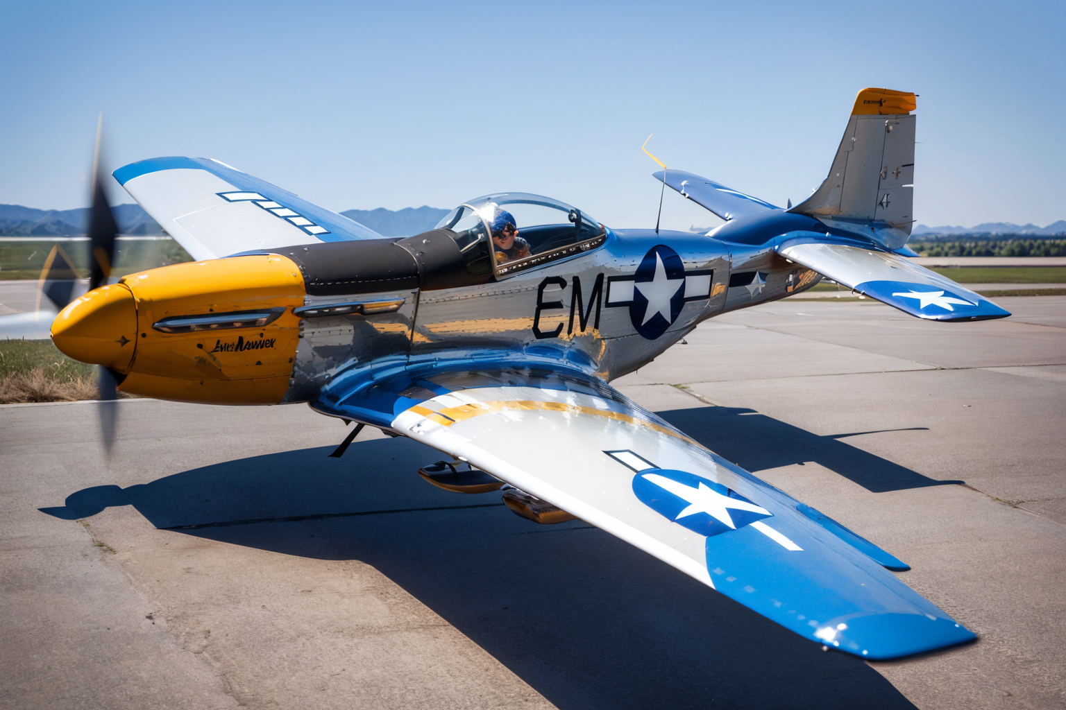 (masterpiece, best quality:1.2), ultra-detailed, flying through a blue sky P-51Mustang, (realistic:1.5), <lora:EdobP51Mustang_v1.0:0.8>