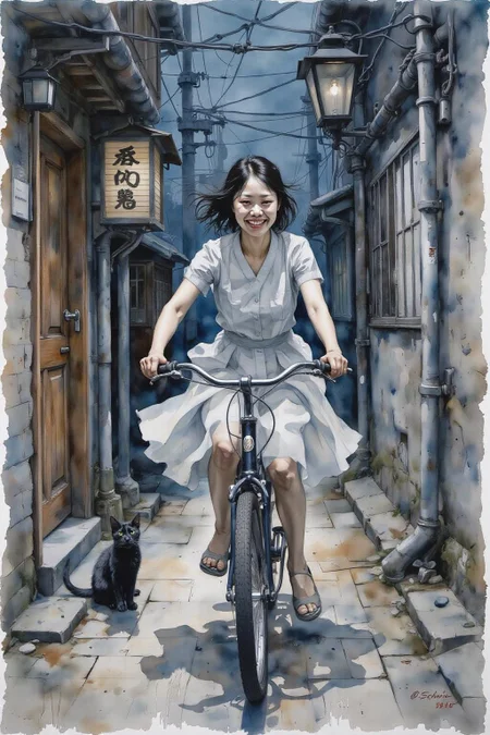yawc1 watercolor.
A Japanese school girl riding a old style bicycle through a narrow, quiet street at night. The happy woman wears a simple, flowing dress. In the corner, a small black cat with piercing eyes sits watching her quietly. The mood is tranquil and slightly magical. Soft lighting, deep blue tones, detailed shading, ethereal, cinematic composition <lora:yawcolor_nocap_d6a3:1.0> <lora:Flux-Sch-SingleBlocks-BF16:1.0><lora:799117273165107671:0>