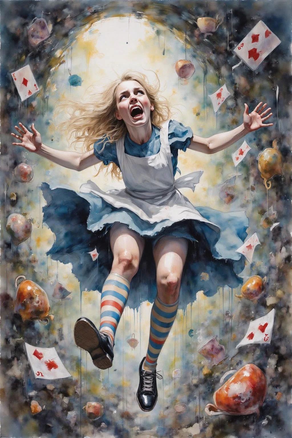 yawc1 watercolor.
Overhead view of Alice in Wonderland falling into the rabbit hole, with her legs dangling beneath her. She is looking upward, her face filled with shock and terror as she screams. Her blue dress and white apron billow out around her as she tumbles, while her striped stockings and black shoes are visible below. The rabbit hole is a swirling, chaotic mix of vibrant colors, playing cards, teacups, and other Wonderland objects floating around her. Soft glowing light emanates from the tunnel walls, adding an eerie, fantastical feel to the scene. The sense of motion and fear is palpable as Alice falls deeper into the unknown. <lora:yawcolor_flor2_d4a2:1.0><lora:798983416214203035:0>