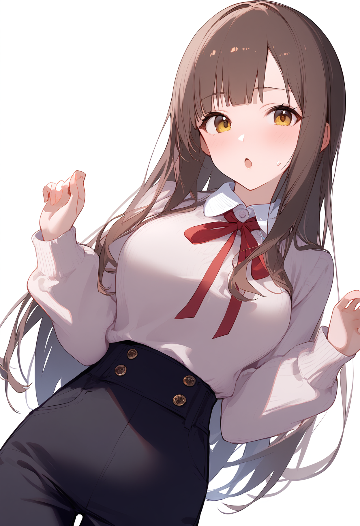 1girl,
mizumoto yukari,


hands up, open mouth, puffy long sleeves, blunt bangs, collared shirt, black pants, white background, grey sweater, shirt, ribbon, red ribbon, breasts, alternate costume, looking at viewer, long sleeves, puffy sleeves, large breasts, simple background, neck ribbon, solo, standing, white shirt, sweatdrop, :o, sweater, brown hair, pants, long hair, sidelocks, yellow eyes, blush, cowboy shot,

sfw
<lora:a31_char_new_mizumoto_yukari-000022:1> <lora:a31_style_koni-000010:0.8>