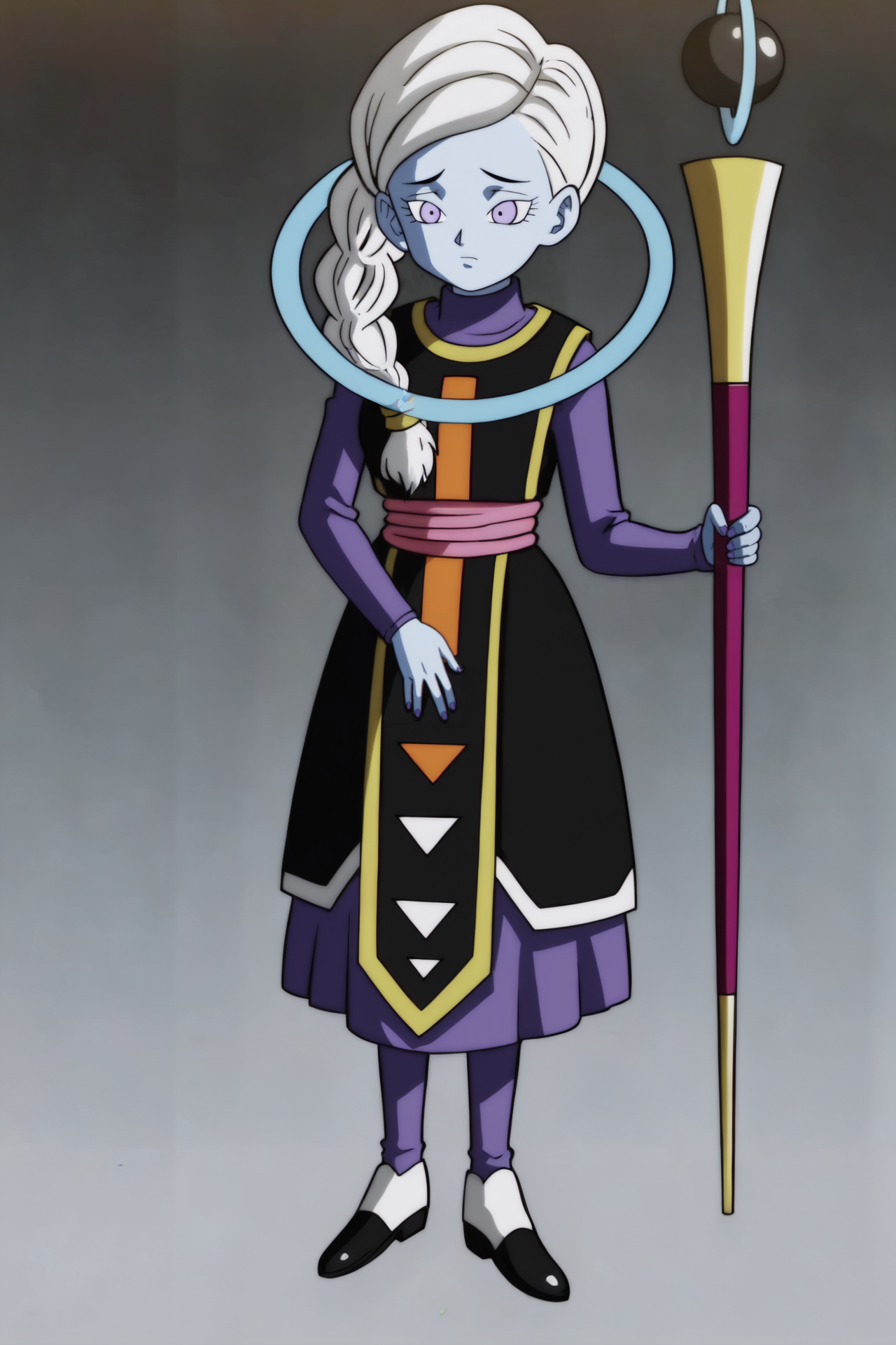 source_anime, score_9, score_8_up, score_7_up, anime screencap,8k, absurd res,
kusu \(dragon ball\), 1girl, solo, braid, side ponytail, single braid, long hair, black dress, purple eyes, white hair, colored skin, official style, staff, hair over shoulder, blue skin, sad, white footwear, undershirt, underskirt, turtleneck, sleeveless dress, red sash, purple topwear, purple skirt, purple legwear, shoes, print dress, looking at another, long sleeves, holding staff, gold trim, eyelashes, covering crotch, pantyhose, neck ring, worried
 <lora:kusu_pony_v1:0.8>