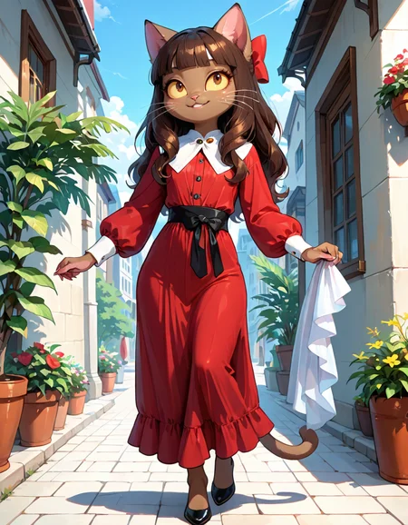 masterpiece, best quality, very aesthetic, absurdres,
outdoors, dressed,
full body, posing,
seductive smile, parted lips, long eyelashes,
<lora:Ivy_Pepper_v01_NAIXL:1>
1vyP3pp3r,1girl,solo,furry,furry female,cat girl,cat ears,brown hair,hair bow,long hair,blunt bangs,brown eyes,yellow sclera,animal nose,whiskers,body fur,cat tail,