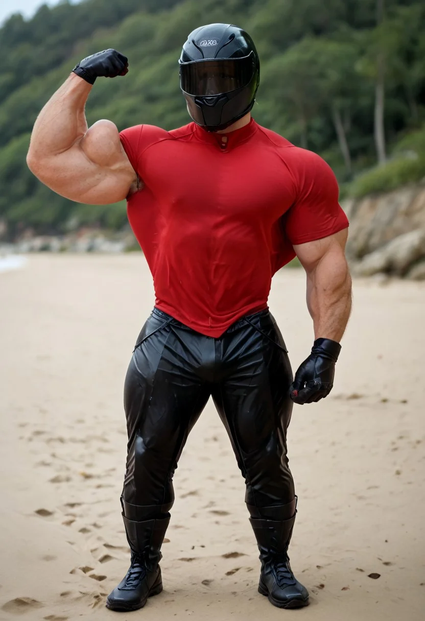score_9, score_8_up, score_7_up, photo, photorealistic, rating_explicit, (solo:1.1), 1boy, black helmet with tinted visor, muscular male, masculine male, black jacket, red shirt, skin tight, glossy, leather, pants, black rubber gloves, black rubber boots, abs, nipples, pecs, flexing, proud, sweaty, outdoors beach, five digits