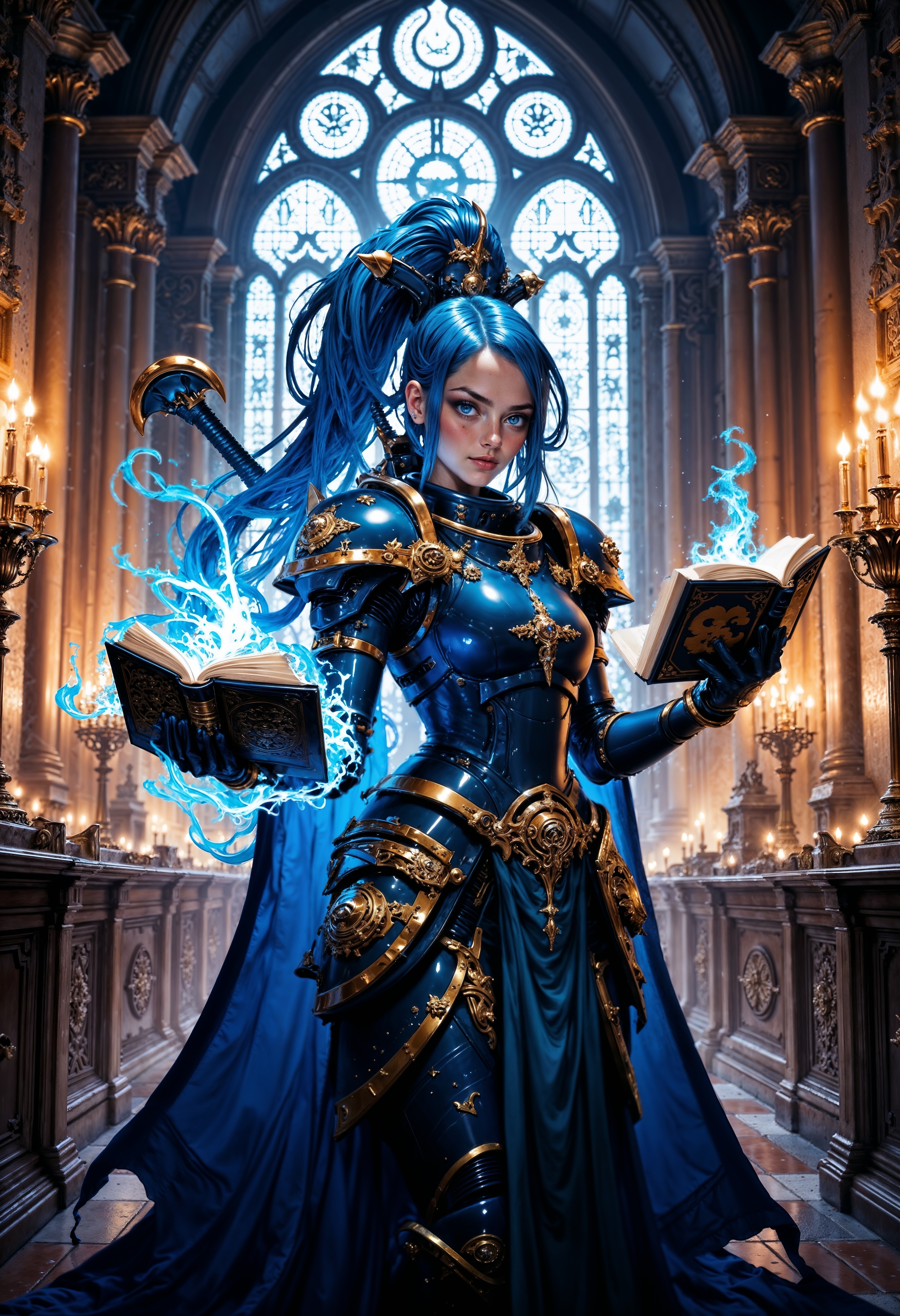 highly detailed magical cinematic scene, a young woman with striking blue hair and large, expressive eyes. She has a fair complexion and a delicate, ethereal beauty. She is dressed in elaborate, futuristic ThouS40k armor that combines elements of fantasy and science fiction, predominantly in shades of blue with gold accents. The armor features intricate designs and mechanical elements, such as shoulder pads and gauntlets, and she holds a magical book emitting blue flames in her left hand. Her right hand is extended, and she appears to be casting a spell, with blue magical energy swirling around her.
The background is a gothic cathedral interior with tall, arched windows and ornate stained glass, allowing a soft, diffused light to filter through. Candles in golden candlesticks are placed on either side, adding a warm, flickering glow to the scene. The walls are adorned with ancient, mystical symbols and intricate carvings. The overall atmosphere is mystical and otherworldly, with a sense of power and magic. The lighting is a mix of soft natural light from the windows and the warm candlelight, creating a dramatic and enchanting ambiance. vignette, highly detailed, bokeh, moody, epic, gorgeous, film grain, grainy, mythp0rt, <lora:FluxMythP0rtr4itStyle:0.6>, <lora:FluxThouS40k:0.9>