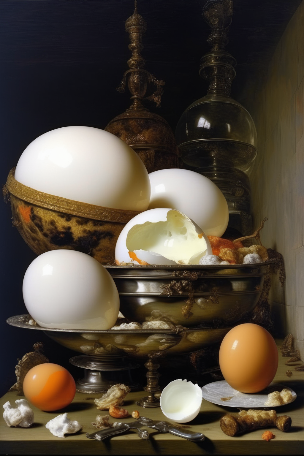 <lora:Pieter Claesz Style:1>Pieter Claesz Style - A 1628 dutch still life painting by Willem Claesz. Heda of a huge white egg