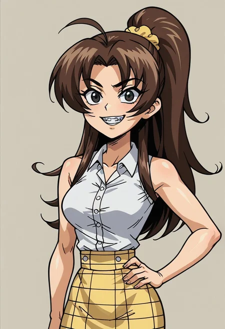 score_9, score_8_up, score_7_up, 1girl, solo, flat color, Luan Loud, brown hair, ponytail, black eyes, yellow scrunchie, braces, buck teeth, long hair, parted bangs, white shirt, collared shirt, sleeveless, yellow skirt, plaid skirt, medium breasts, narrow waist, wide hips, hip sway, hand on hips, seductive, sexy, <lora:Asagi_OAV_:0.6>,