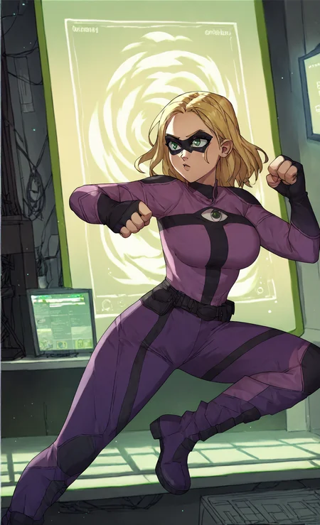 score_9, score_8_up, score_7_up, score_6_up, score_5_up, score_4_up, BREAK
<lora:Tattletale_Lisa_Wilbourn-000019:1> tattletale, blonde hair, green eyes, purple bodysuit, domino mask, large breasts, fighting stance, monitor array, <lora:artistsautism_lora_XL_dim32_8e_v2_civit:1> by tekuho, rating_safe