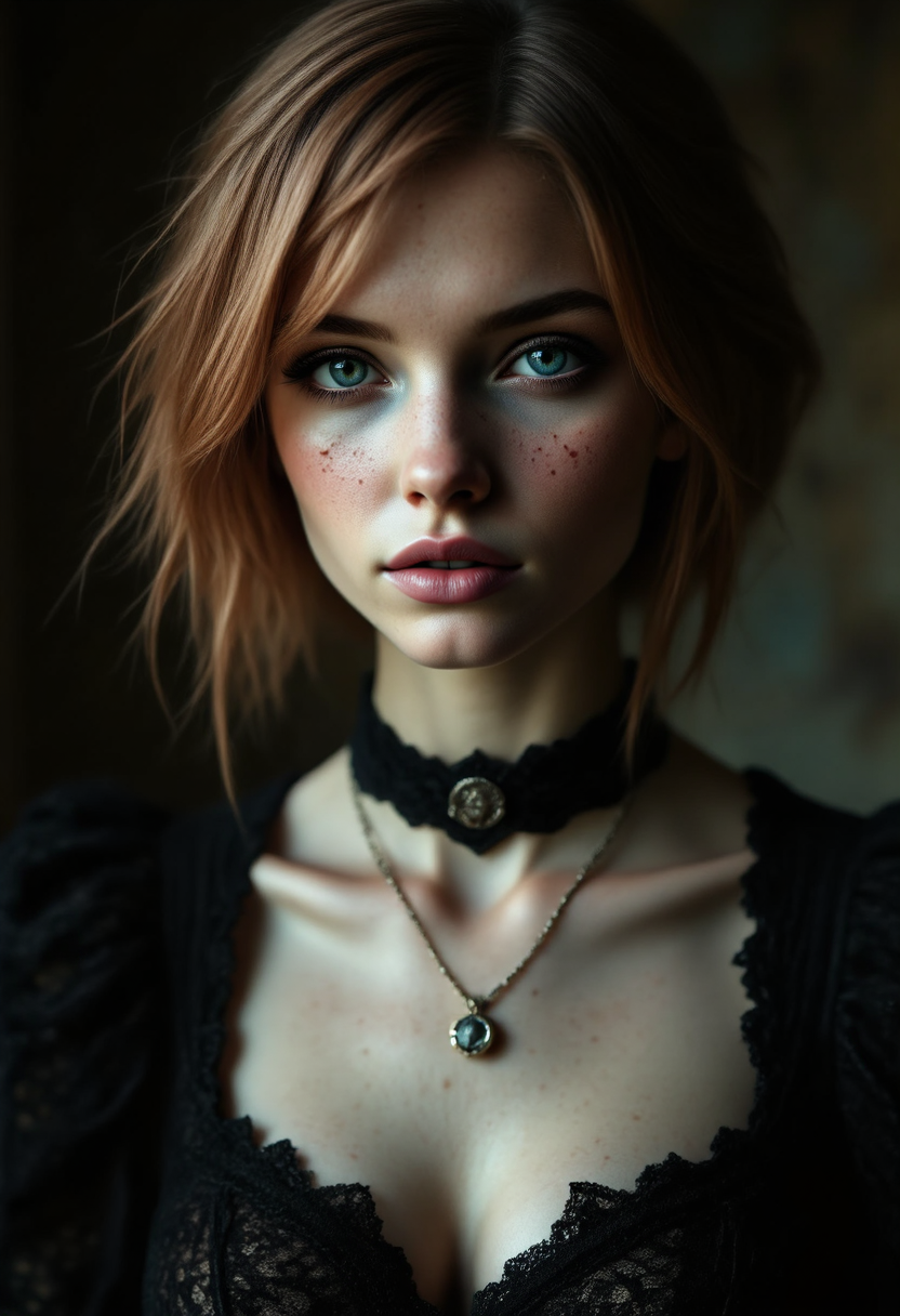 Photorealistic portrait of a young woman with a delicate, angular face featuring soft freckles across her nose and cheeks. She has a short, choppy light chestnut brown bob haircut with uneven bangs that frame her expressive, slightly downturned blue eyes. Her pale skin is accentuated by the contrast of light hitting one side of her face, leaving the other in shadow. lace choker,cleaveage, sexy corset,seductive,sultry, seductive,  blending gothic elegance with a soft, vulnerable expression. The background is silhouetted, creating a dramatic and mysterious atmosphere <lora:Dever_Flux_Enhancer:0.85>   <lora:aidmaFluxPro1.1Stylev0.2:0.7> aidmafluxpro1.1