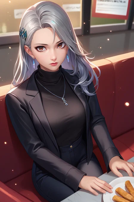 score_9, score_8_up, score_7_up, BREAK, <lora:liangxing-guy-PONYv1:1>, 1girl, solo, light particles, depth of field, breasts, <lora:persona5_saeniijima_ponyXL:0.95> makeup, lipstick, hair ornament, brown eyes, black jacket, long sleeves, black sweater, turtleneck sweater, black pants, earrings, necklace, restaurant, indoors, sitting, from above, grey hair,