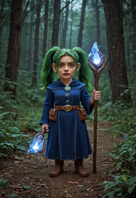 CyberRealisticPony_POSV1, gnome, short stature, shortstack, big eyes, big ears, 1girl, hazel eyes, green hair, pig tails, blue wizard robes, belt pouch, glowing wizard staff, dark forest, night, moonlight