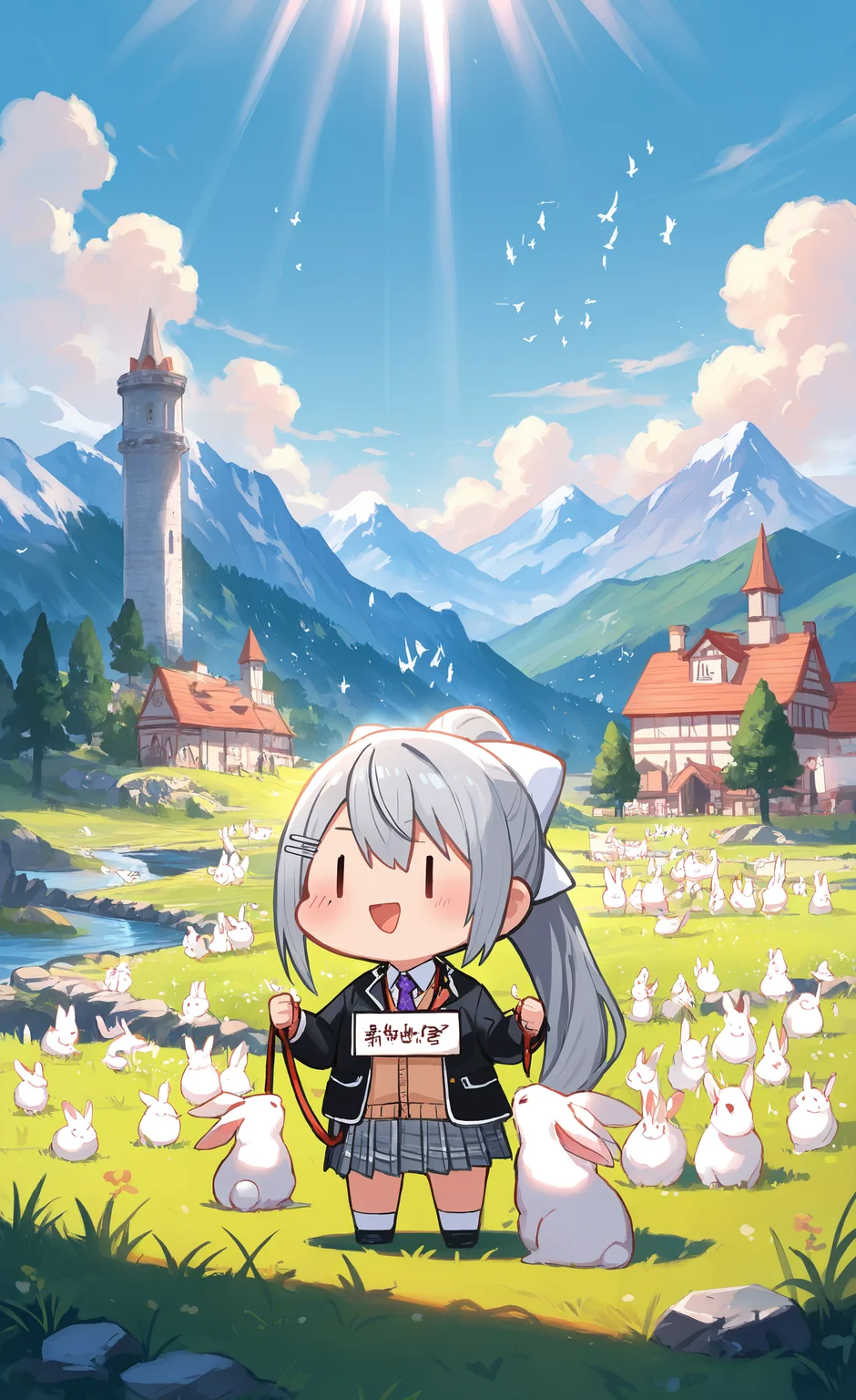 masterpiece, best quality, good quality, very awa, very aesthetic, absurdres, newest, higuchi kaede, higuchi kaede (1st costume), nijisanji, 1girl, :d, ^^^, animal, black footwear, black jacket, blazer, blush, brown cardigan, cardigan, chibi, closed eyes, collared shirt, fox, grey hair, grey skirt, hair between eyes, hair ornament, hairclip, holding, holding leash, jacket, leash, long hair, mole, mole under eye, mouth hold, necktie, open clothes, open jacket, pleated skirt, ponytail, purple necktie, rabbit, ribbon, shadow, shirt, sign, sign around neck, simple background, skirt, smile, socks, solo, sparkle, very long hair, white background, white ribbon, white shirt, white socks, | |, bird, blue sky, building, cloud, cloudy sky, field, flock, grass, hill, landscape, light rays, mountain, mountainous horizon, navel, no humans, outdoors, plain, riverbank, rock, scenery, sky, stone bridge, stream, sunbeam, sunlight, too many, too many birds, tower, town, tree <lora:ponyv6_noobV1_2_adamW-000017:0.8> <lora:USNR_STYLE_XL_lokr:0.45> <lora:EtherSDXL:0.15>