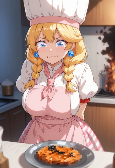 masterpiece, best quality, newest, absurdres, highres, 1girl, <lora:PrincessPeach_NoobAI_Incrs_v1-000012:1>, IncrsPchPatissiere, blue eyes, long hair, braid, twin braids, chef hat, apron, pink dress, puffy sleeves, puffy short sleeves, jewelry, earrings,
kitchen, plaid,  <lora:meme_aquacrying_illustriousXL:1> aquacrying, wavy mouth, closed mouth, tearing up, censored food, [penis:food:2], (censored, mosaic censoring:1.2),  <lora:antechinusStyle_illusXL_Incrs_v2:1>, [steaming food:black smoke:2], burnt,