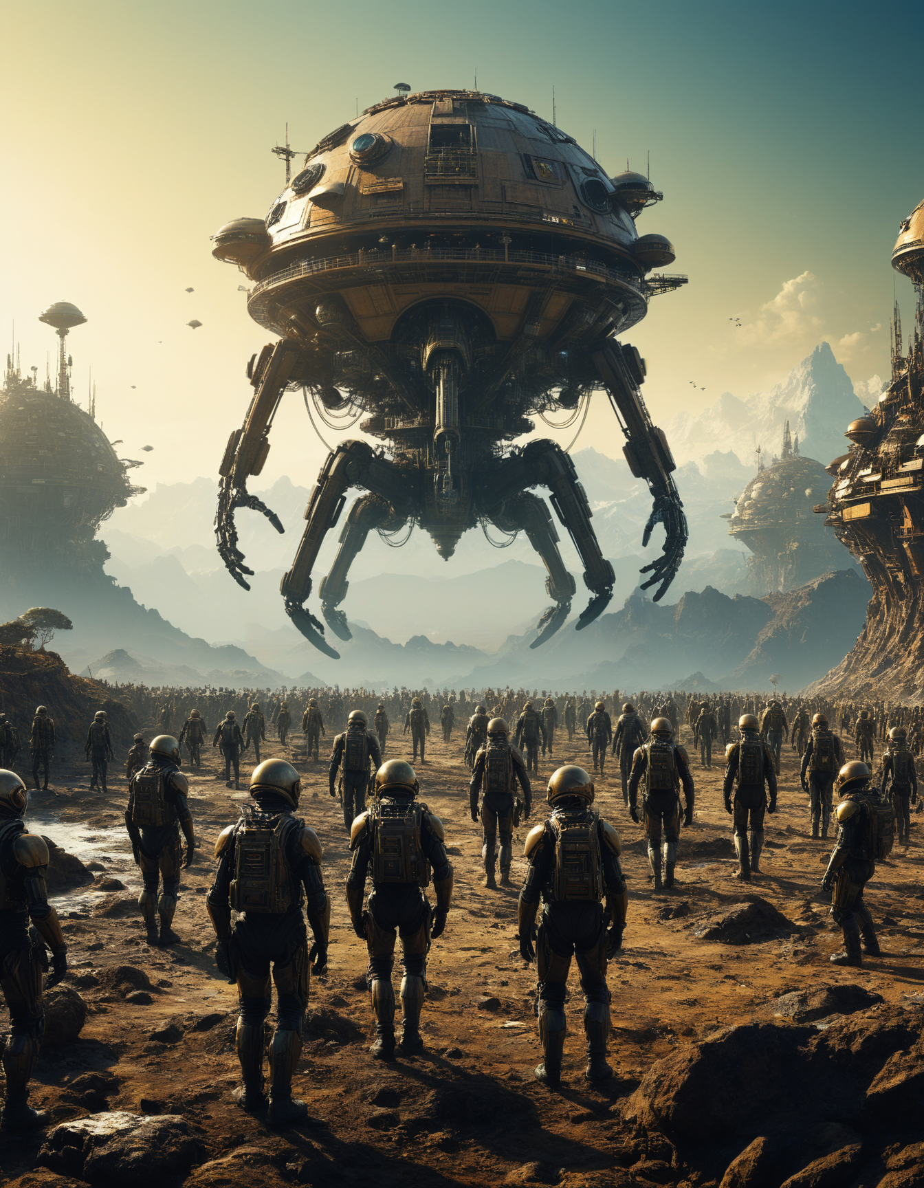 by (Adonna Khare:1.2) and (Eugene Galien-Laloue:1.1), hyper realistic medium full shot photo of  a (colony of humans living on a distant planet:1.1),  (bold , macabre , masterful:1.4), poster art, bold lines, hyper detailed, expressive,  award winning,  dark limited color palette, high contrast, depth of field, (intricate details, masterpiece, best quality:1.4),
sunbeams lighting, looking at viewer, dynamic pose, wide angle panoramic view,
<lora:add-detail-xl:0.8> <lora:xl_more_art-full_v1:0.5> <lora:looking_at_viewer:2>