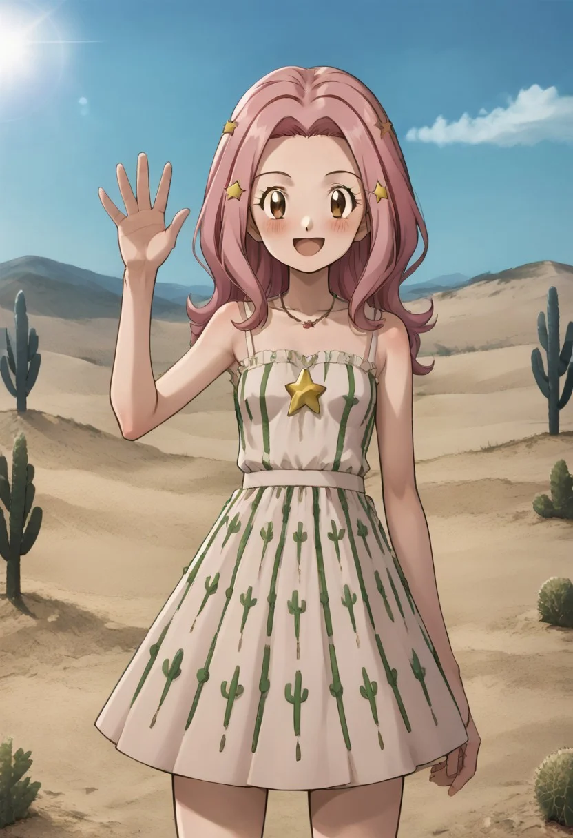 digimon adventure 02, mimi tachikawa, anime coloring, cartoon, anime coloring, 1girl, solo, skirt, navel, pink hair, star (symbol), blush, smile, star hair ornament, brown eyes, hair ornament, smile, open mouth, c4ct1dr3ss, cacti dress, outdoors, cityscape, waving