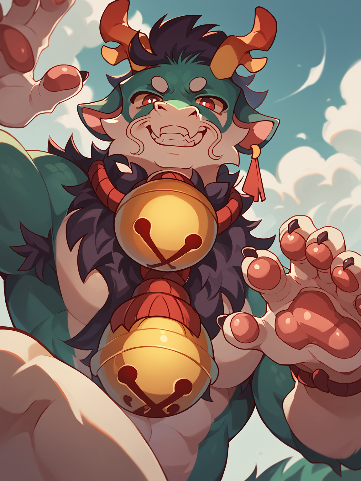 score_9, score_8_up, score_7_up, high quality, hires, male, solo, anthro, furry, buff body, grin, 5 fingers, seductive, from below, pawpads, antlers, red eyes, bell, looking at viewer, claws, <lora:Greene:1>