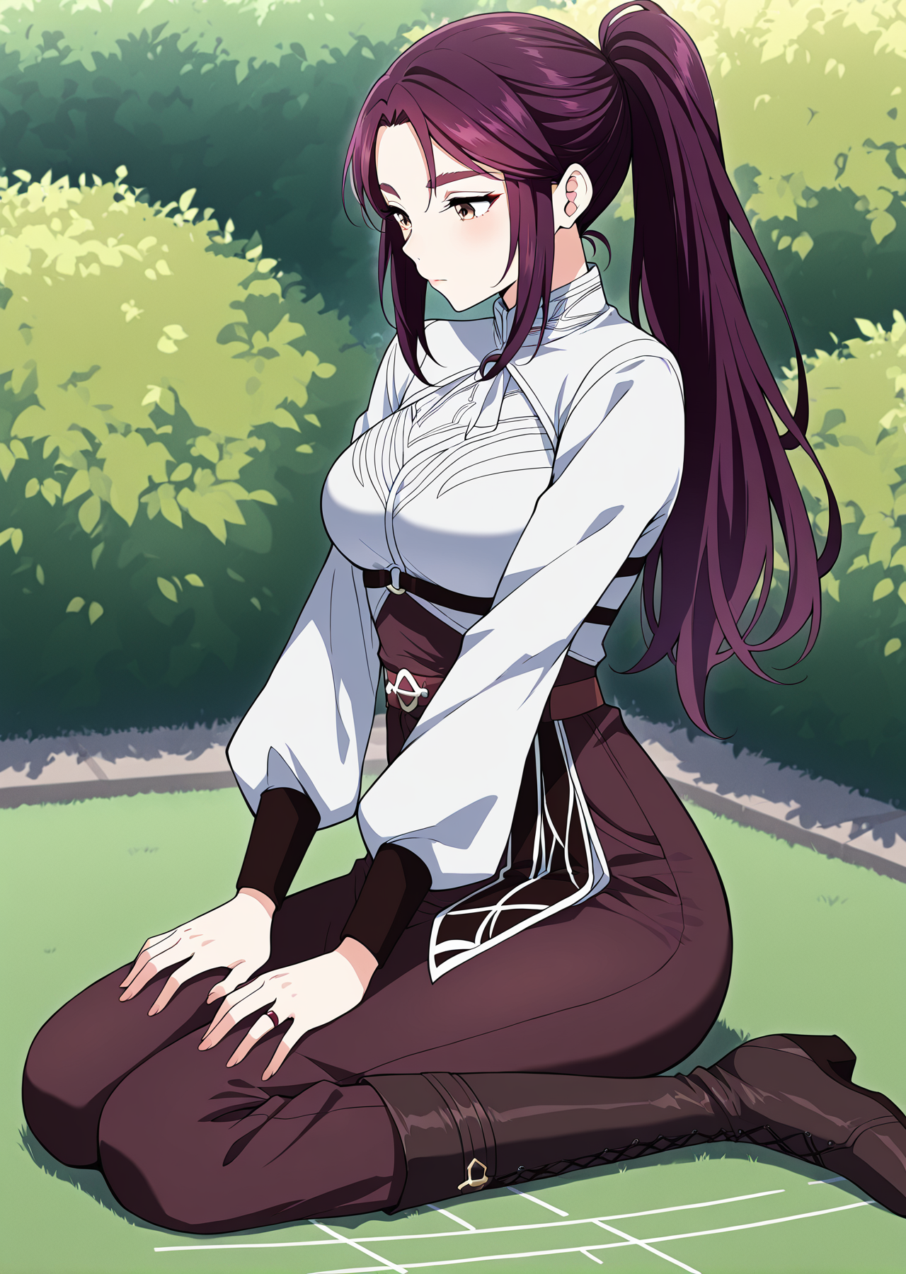 <lora:Vanesy_Glory__The_Beginning_After_the_End__Illustrious-000010:1>
1 girl, solo, brown eyes, purple hair, long hair, ponytail, sidelocks, thick eyebrows, 
uniform, white shirt, long sleeves, belt, boots, ring
score_9, score_8_up, score_7_up, masterpiece, best quality, absurdres, perfect anatomy, 1girl, solo, wariza, sitting, hands on own knees, garden background