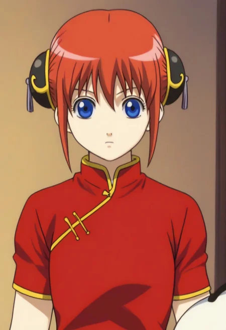 <lora:Kagura:0.8>blue eyes, red hair, Kagura red cheongsam with yellow piping outfit, Chinese clothes, double bun, bun cover, China dress,